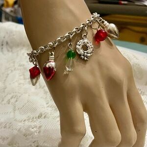Vintage, Silver Tone Multi-color Christmas Charm Bracelet